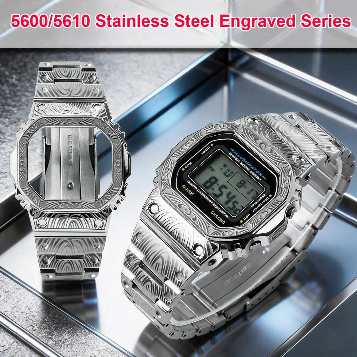 DW5600 Mod Kit Engraved Metal Case & band For Casio Watch DW-5600 GW-M5610 DW-5035 5000 Steel bezel Fluorine rubber Strap Men's