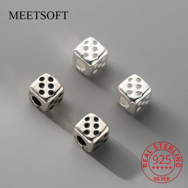 MEETSOFT 925 Silver Point Blocks Septum Bead DIY Handstring Retro Pattern Handmade Rope Material Accessories