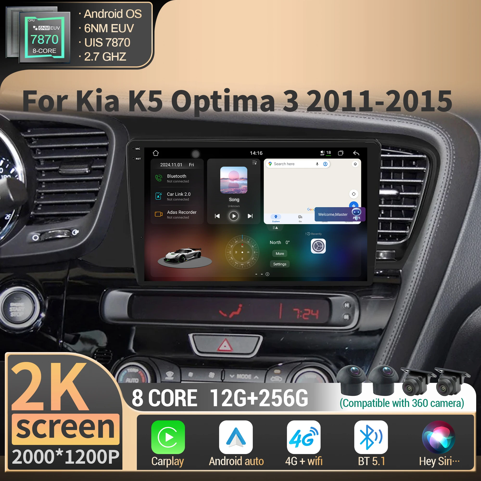 

For Kia K5 Optima 3 2011-2015 Car Radio Wireless BT CarPlay Android 4G GPS Navigation Multimedia CPU 7870 2K QLED Screen Stereo