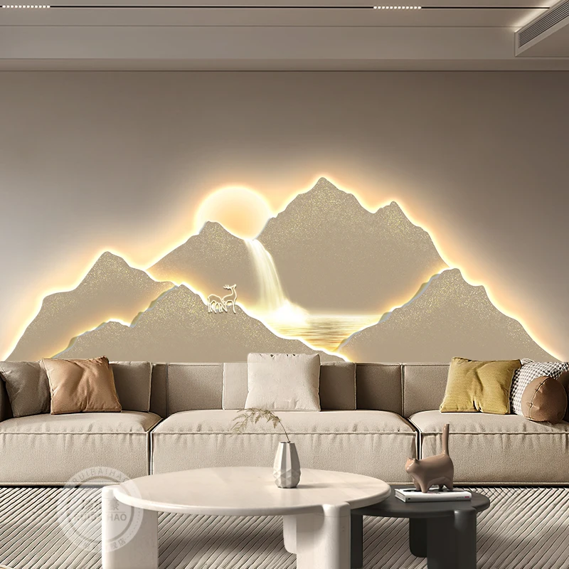 Backed by a mountain, the living room is decorated with a light luxury and grand sofa. The background wall is adorned with golde