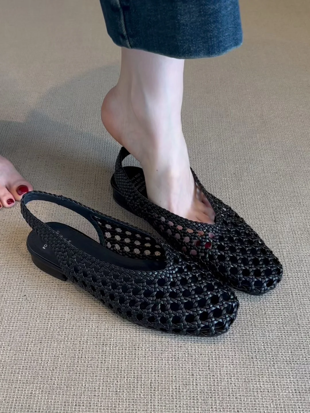 

Retro Sle Woven Leather Sandals Open Toe Women's Faionable All-Match Roman oes Low Cut Rubber Sole Four Seasons Wear