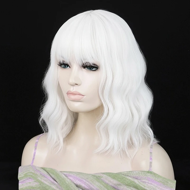 Synthetic Bob Wigs White Short Wavy Curly Cosplay Wig With Bangs For Women Daily Party Halloween Heat Resistant