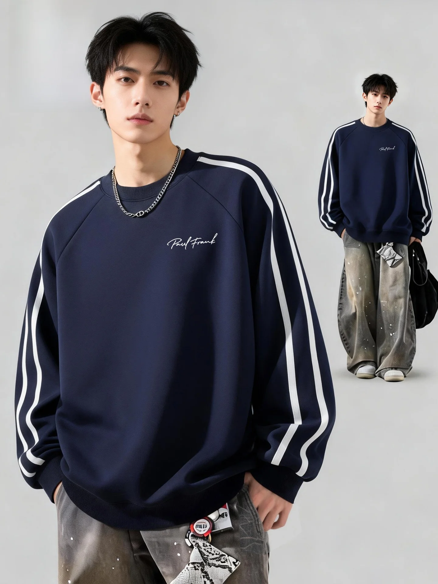 

Мужская весенняя толстовка оверсайз с круглым вырезом и принтом «Обезьяна с большим ртом», в американском стиле, в полоску, с длинными рукавами