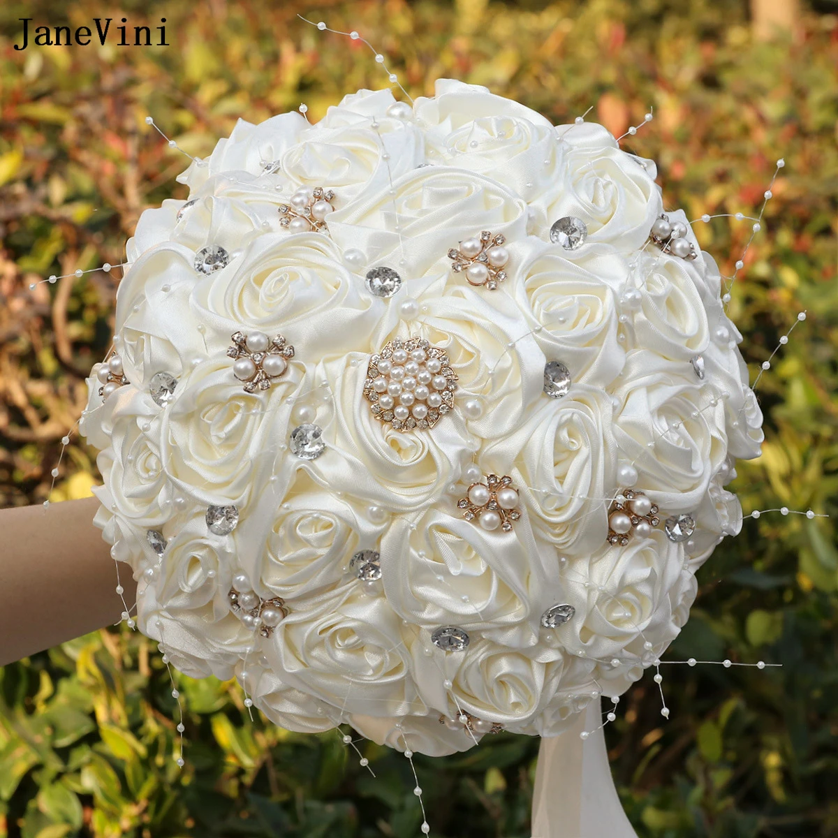 JaneVini 2025 Elegant Ivory Brooch Bridal Bouquets with Pearls Crystal Artificial Satin Roses Wedding Flowers Bouquet De Mariage