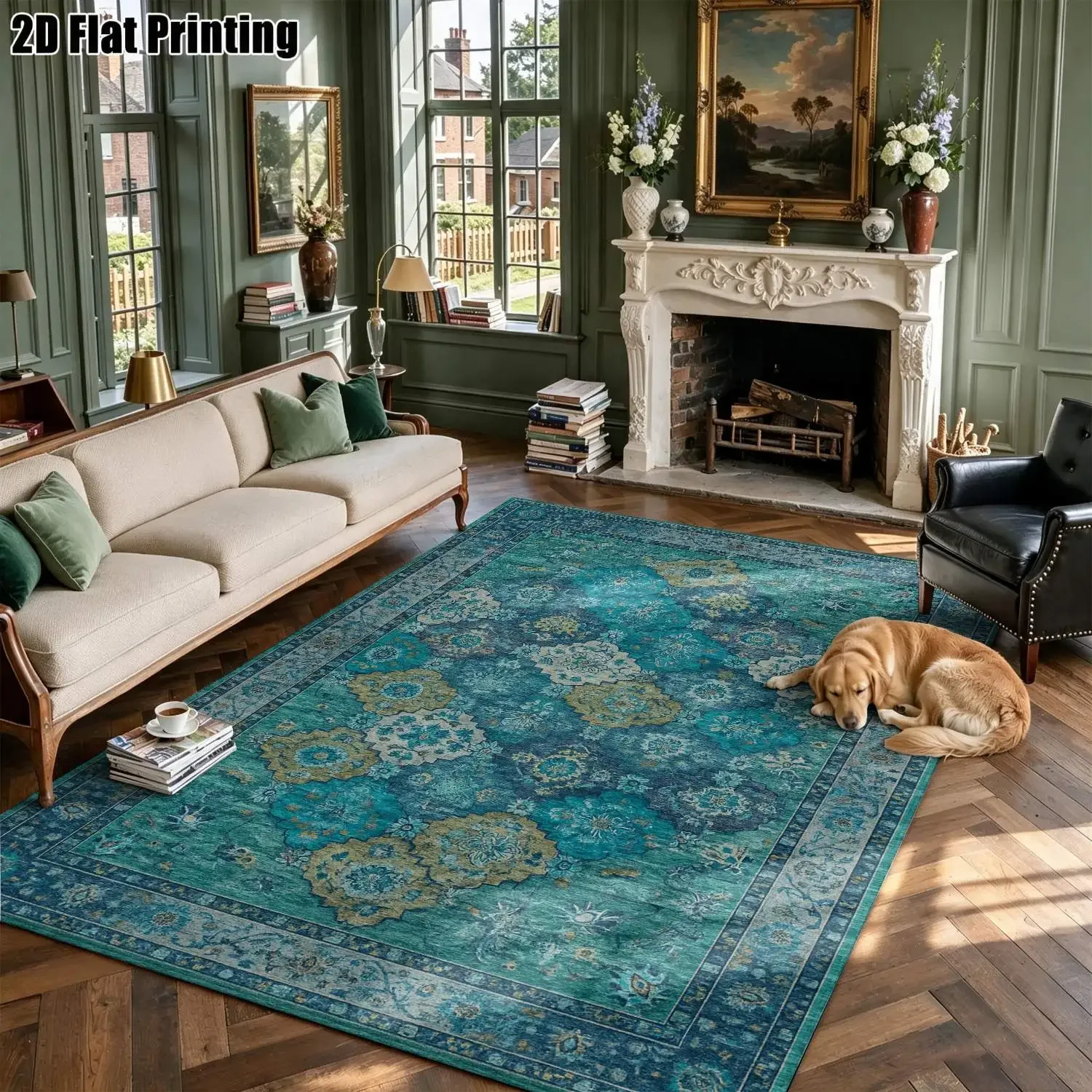 1Pc 2D Printed Carpet: Blue-Green Floral & Geometric Patterns, European Vintage & Bohemian Style, Home Decor, Multiple Sizes, Ma