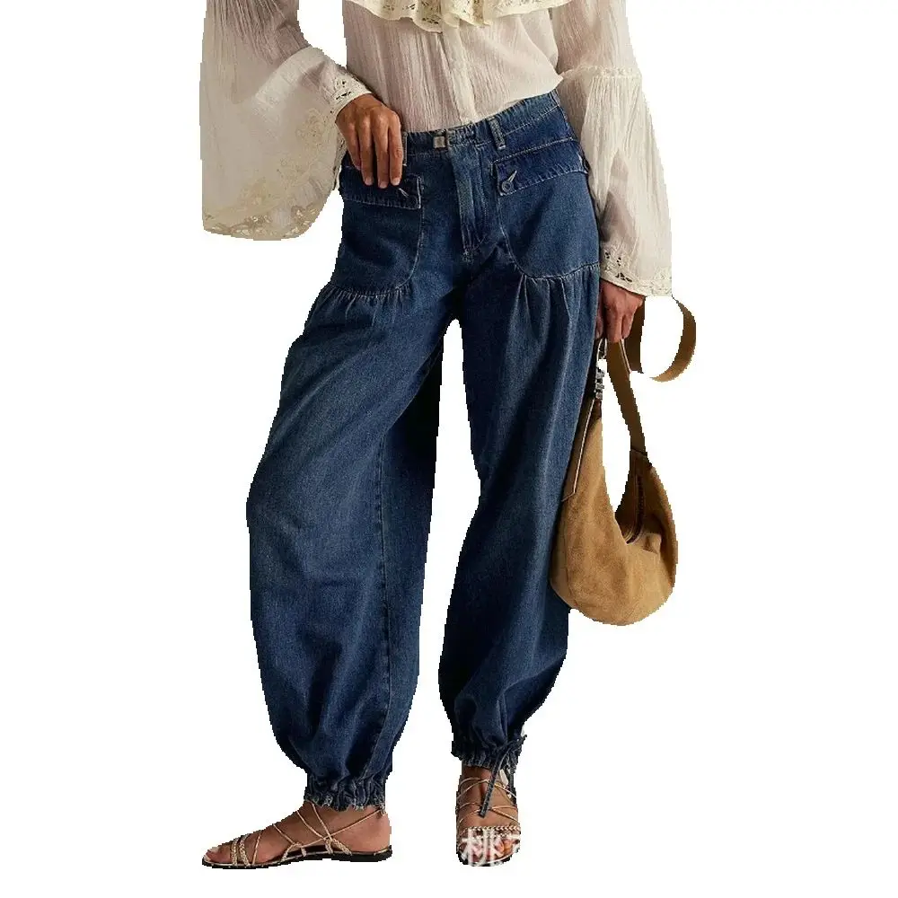 

Women's Jeans, Pleated Mid Waist Loose Wide Leg Lotus Jeans , Distressed Leggings Lantern Pants