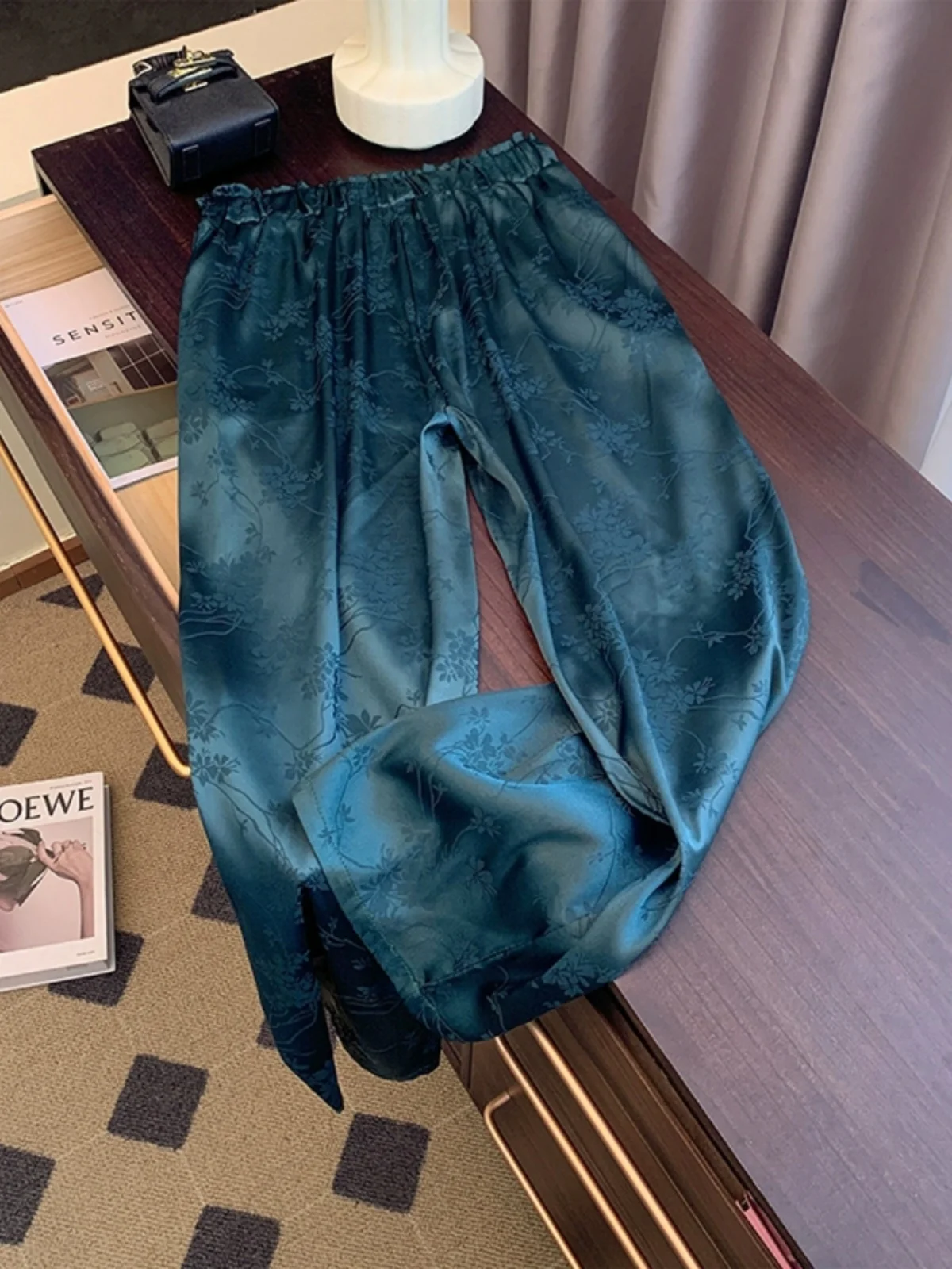

New Chinese Style Women's Satin Print Wide Leg Casual Pants Draping National Style Slim Straight Long Summer Trendy Trousers