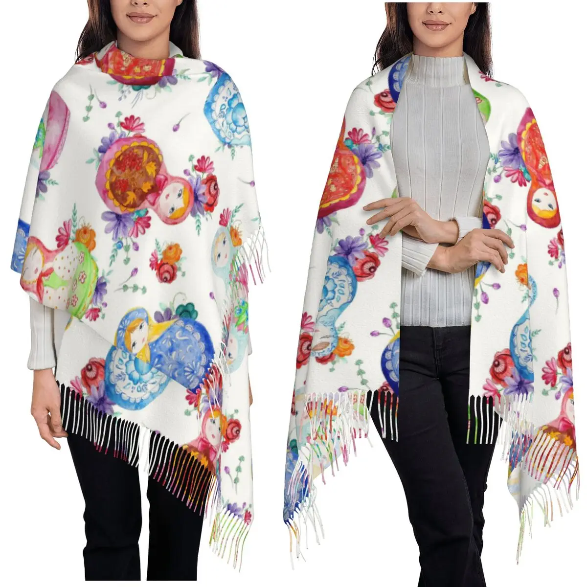 

Matryoshka Doll With Bouquets Of Flowers Scarf Tassel Scarves for Women Soft Warm Shawls and Wraps Large Fall Winter Shawl Wrap