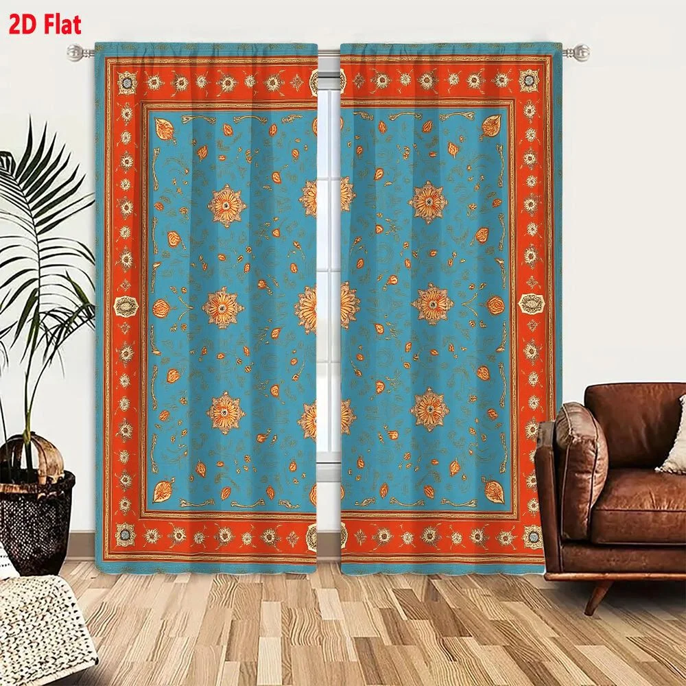 2Pcs Curtains Add 2D Flat Square Teal Blue Handkerchief With Orange Gold Floral Pattern And Terracotta Border Vintage Style Wind