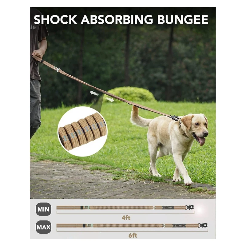 مقود الكلب عالي التحمل، مقود كلب بنجي ممتص للصدمات بطول 4-6 أقدام + مقبض مبطن، مشبك حلقة تسلق معدنية، حزام مقعد السيارة كاكي متين