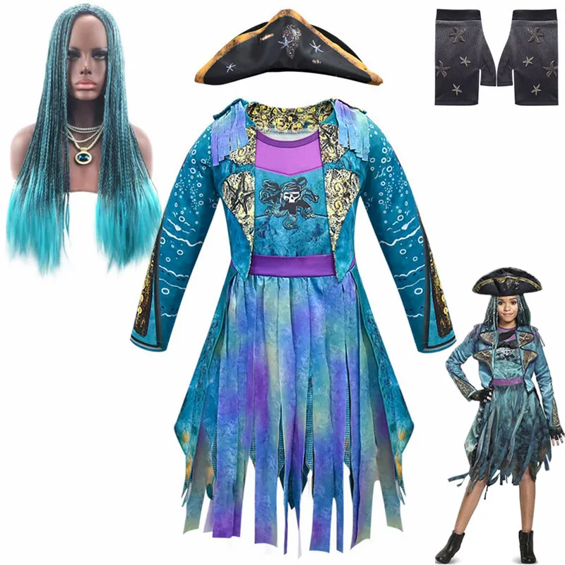 D-descendants 3 Mal Bertha maléfica rizos Live Evil recto azul niñas Uma Cosplay vestido + gorra disfraz de halloween para niños peluca