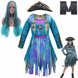 D-Descendants 3 Mal Bertha Maleficent curls Live Evil Straight blue Girls Uma Cosplay dress + cap halloween costume for kids wig