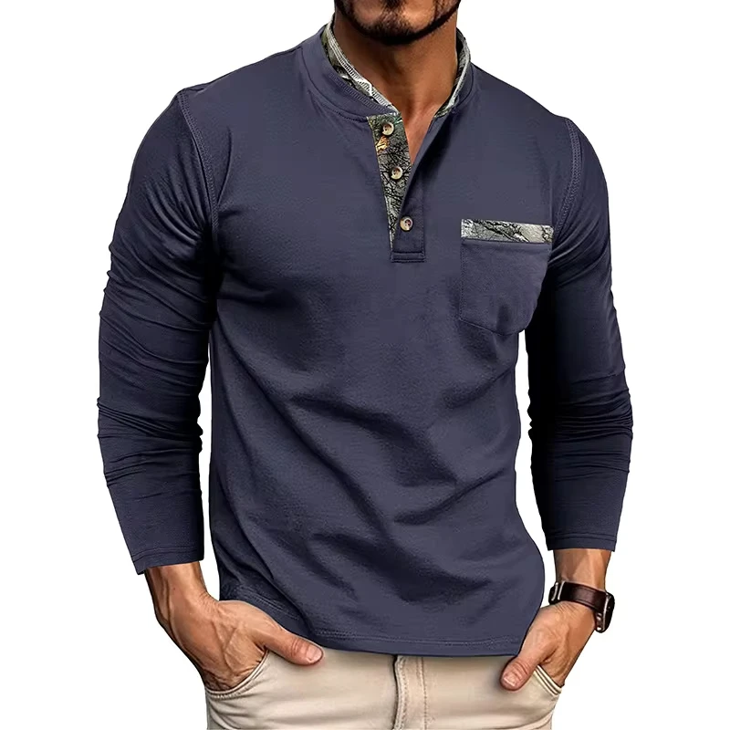 2025 Autumn Winter New Fashion American Men's Printed Spliced Casual Trendy Long Sleeve O-neck Button T-shirts Male Undershirts