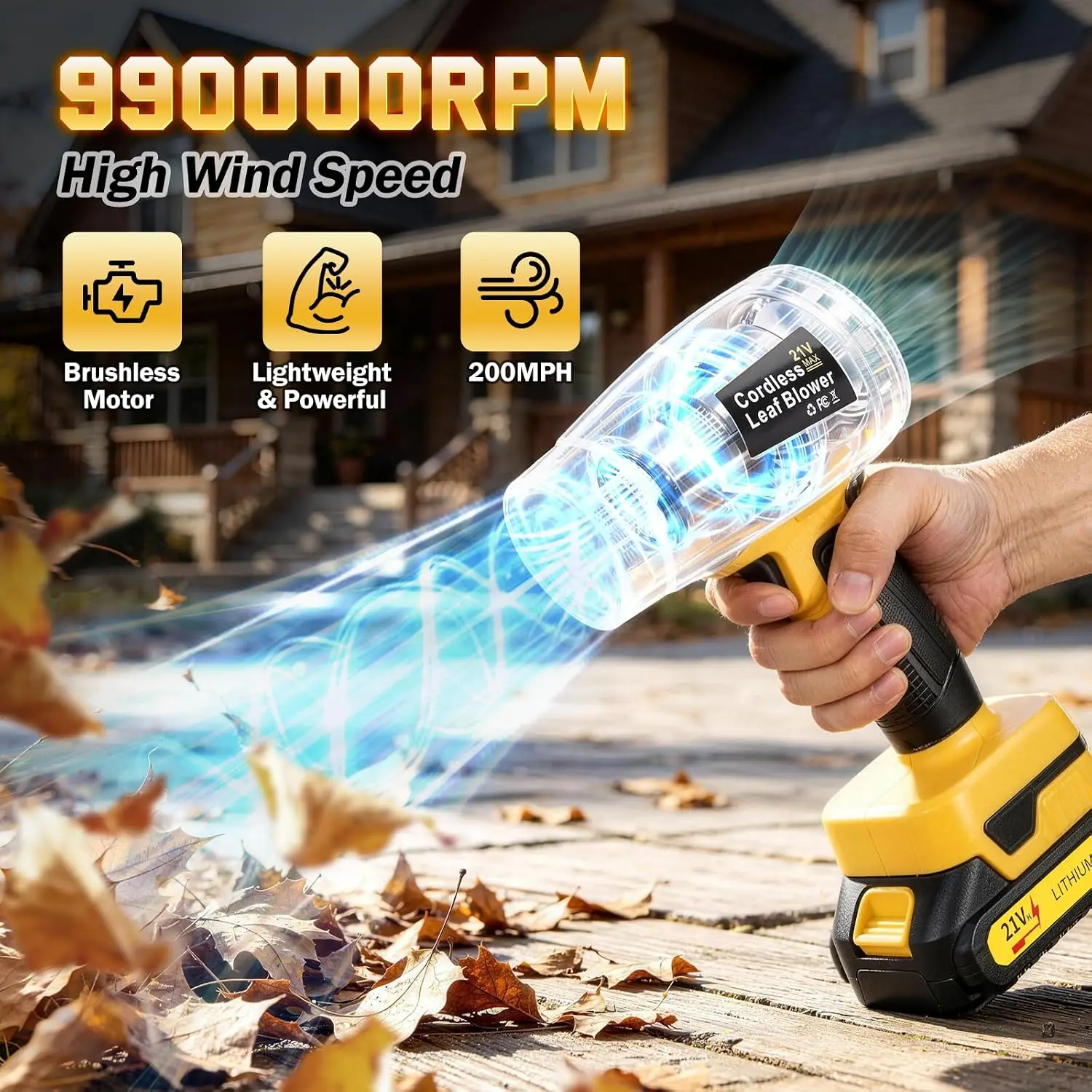 Cordless Handheld Leaf Blower, 21V, 990000 RPM, Includes 2-Pack 6.0Ah Batteries
