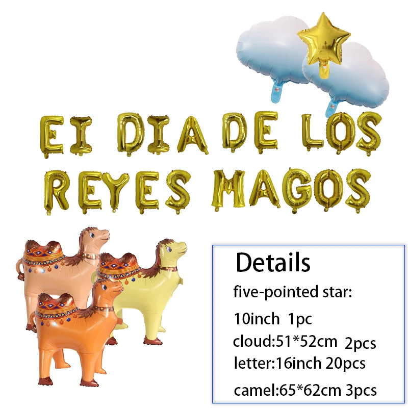 Decoration items for the Spanish Epiphany, Three Kings Festival, stars, clouds, letters, camels, aluminum film balloons