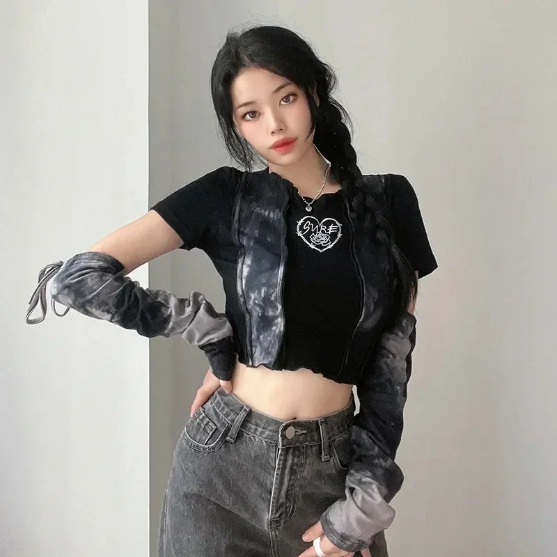 Y2k Tie Dyed T-Shirt Women's Patchwork Cropped Tops Removable Sleeve Gothic Tee Vintage Kpop Tank Top Aesthetic Clothes Harajuku