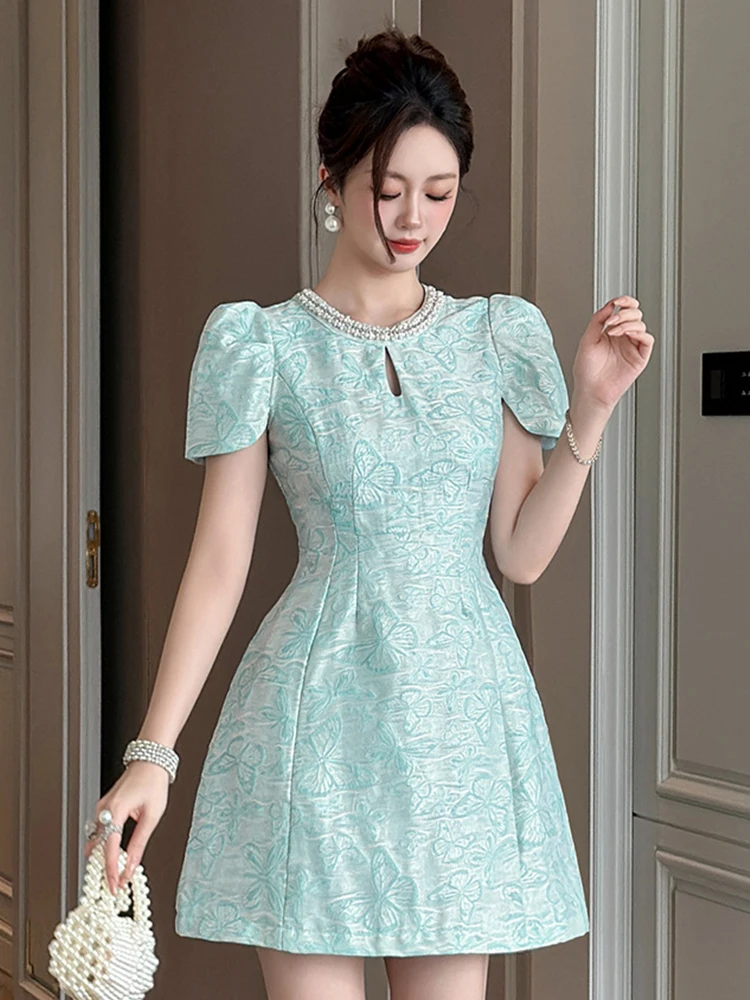 Frauen Vintage Süße Mini Kleid Weibliche Nette Perle Trim Hohl Ausschnitt Taschen Elegante Kurze Kleid Dame Party Club Formale Vestidos