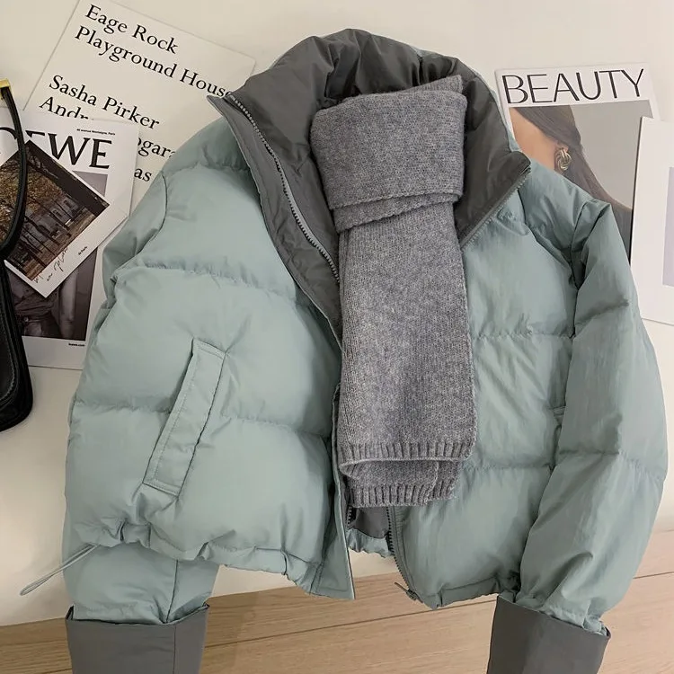 

Women's Color Block Short Puffer Jacket Korean Style Stand Collar Quilted Coat Versatile Winter Outerwear