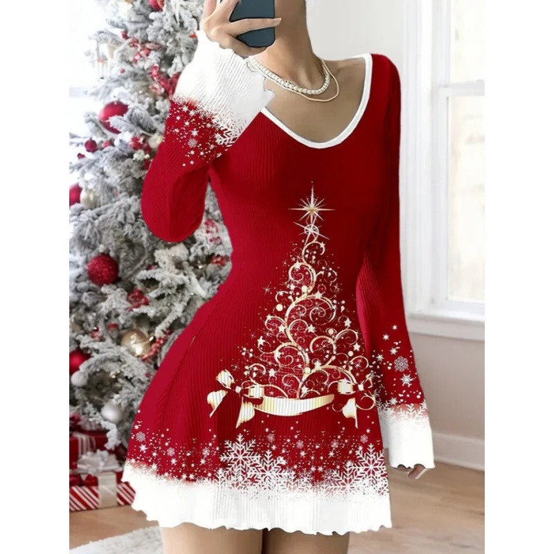 Automne noël imprimé trompette à manches longues col en v femmes robe mode tricoté Pit Strip Slim Fit femme noël t-shirt robe