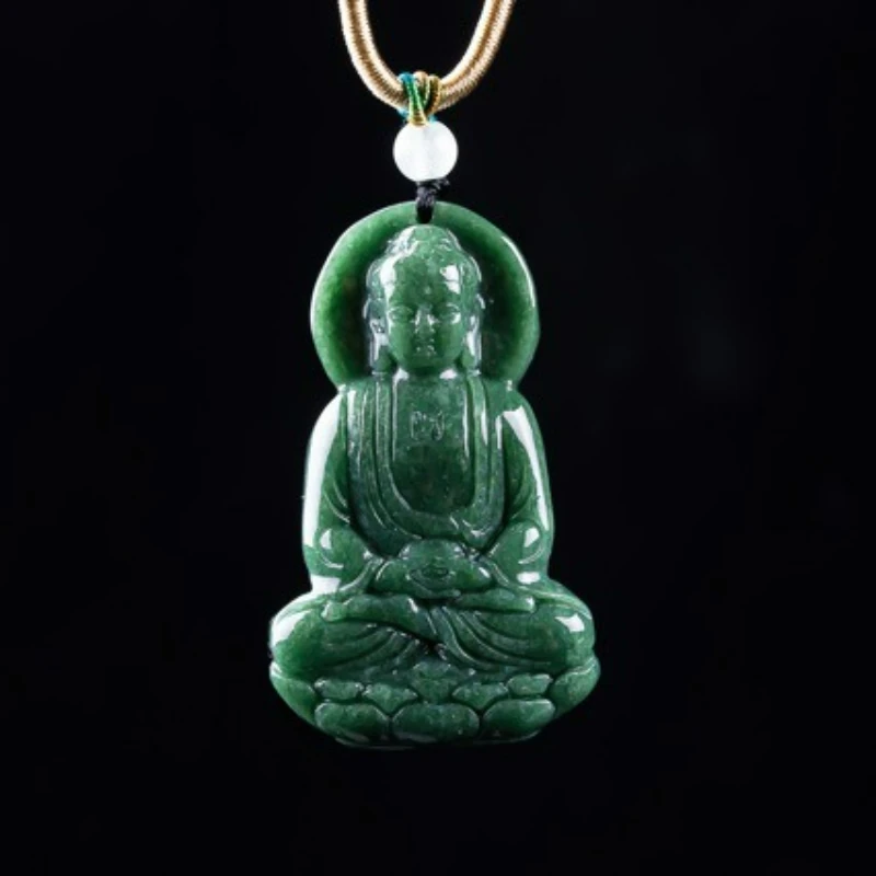 

Натуральный нефрит класса А, зеленый трехмерный Будда Амитабха, кулон из ледяного нефрита, ожерелье для мужчин и женщин, амулет-пинг, подарок