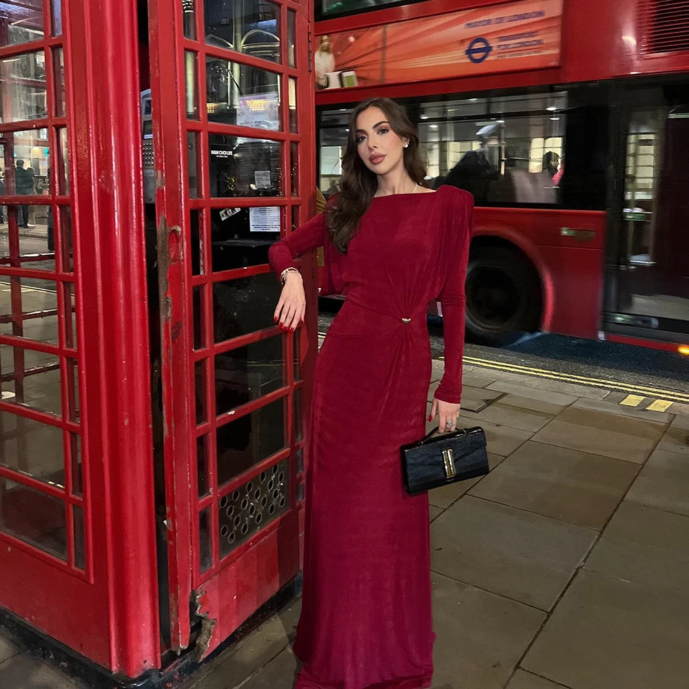 

Customized Boat Neck Burgundy Velour A-line Evening Dress Backless Full Sleeves Floor Length Pageant Party Prom Gown For Women