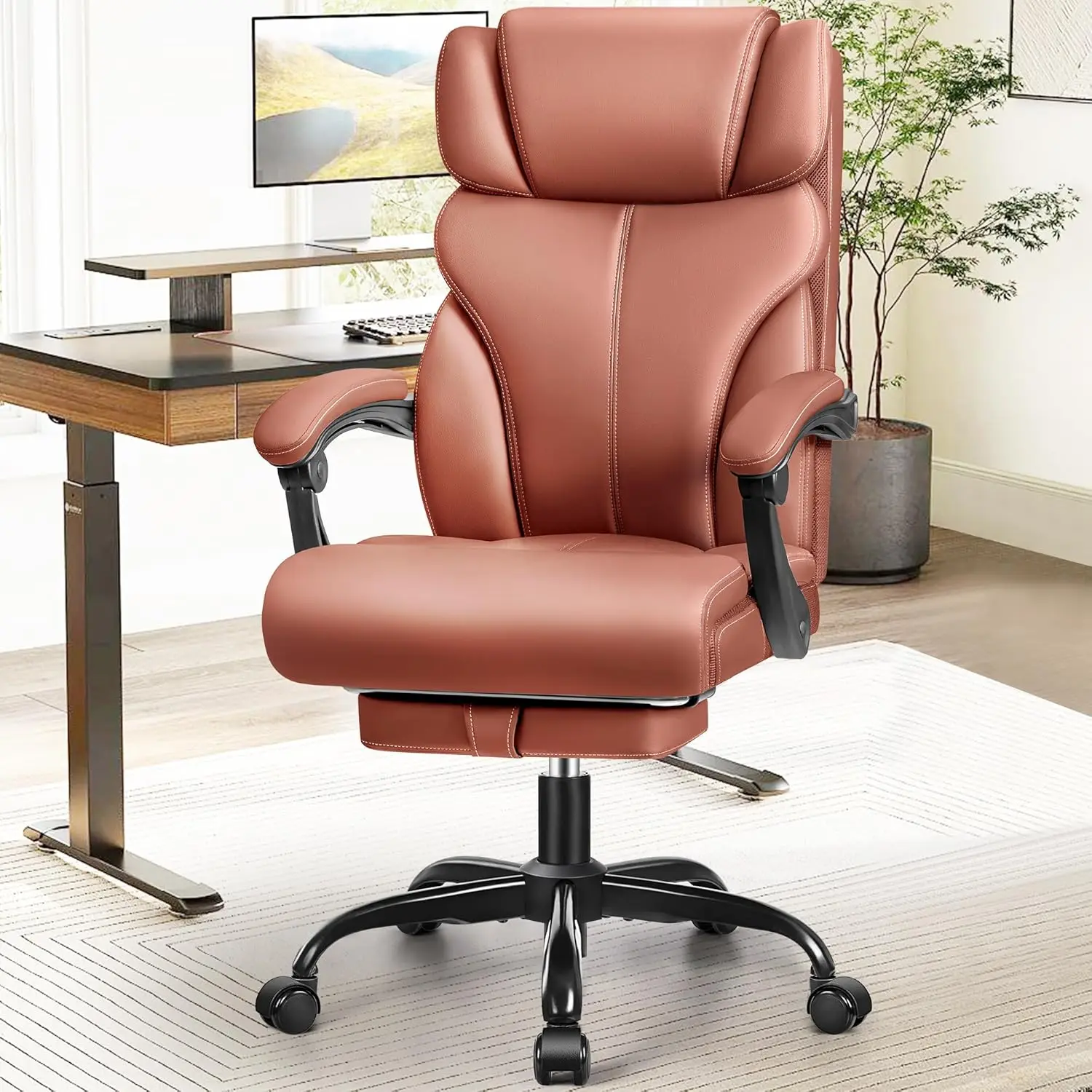 Tall ergonomic computer office chair, rotating roll over lumbar support work chair with adjustable high backrest foot pedals