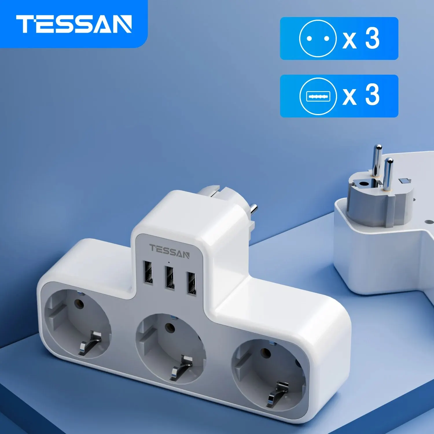 TESSAN EU Plug Power Strip with 3 AC Outlets and 3 USB Ports, Multiple Wall Socket Adapter Overload Protection for Home Office