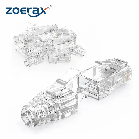 ZoeRax RJ45 Cat6 Pass Through Connectors and Strain Relief Boots, EZ to Crimp Modular Plug for Solid or Stranded Network Cable