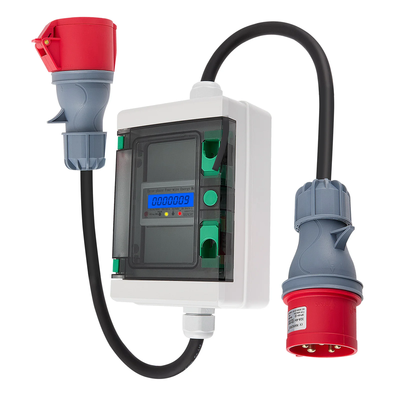 Compteur d'électricité numérique mobile avec réinitialisation 2M, 3 phases 32A 400V, compteur triphasé à couplage de prise CEE, adaptateur CEE IP55 pour prise