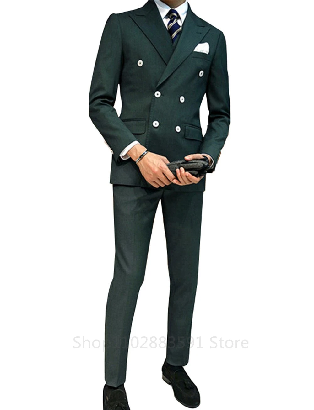 2024 Post Green Men Suits Peaked Lapel Slim Fit 3 Pieces Tuxedos Groom Wedding Prom Costume Homme Blazer Terno Masculino