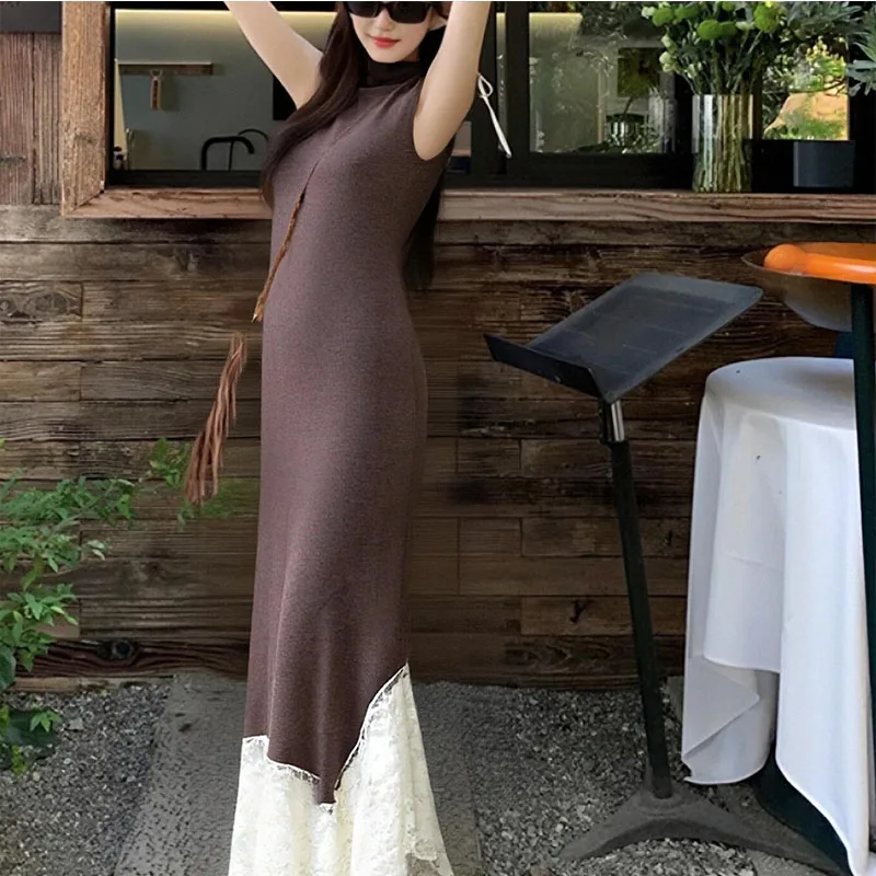 2025, europäischer und amerikanischer Stil, Damenbekleidung, Spitzenspleißstrick, schmale Passform, langes, ärmelloses, elegantes Kleid