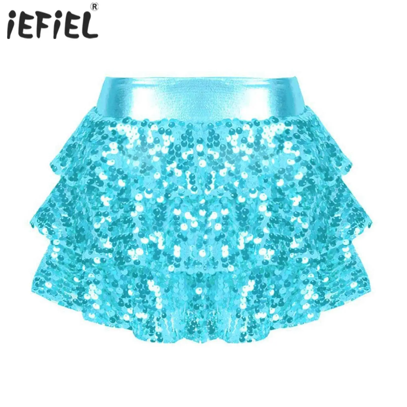 Kids Girls Shiny Sequins Tiered Ruffle Skirted Shorts Metallic Elastic Waistband Culottes Jazz Dance Stage Performance Costume