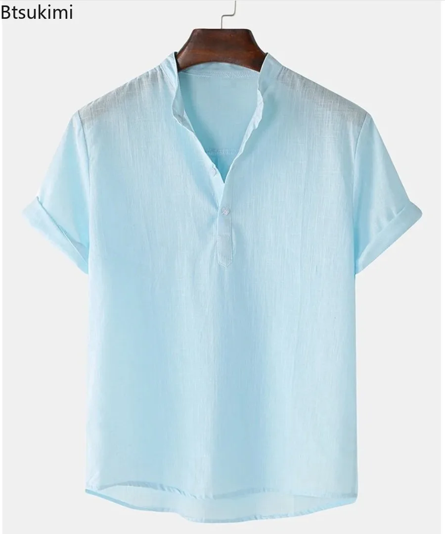 Men's Summer Linen Shirt Solid Color Stand Collar Men T-shirt Loose Buttons Short Sleeves Men Henry's Shirt Simple Style Men Top