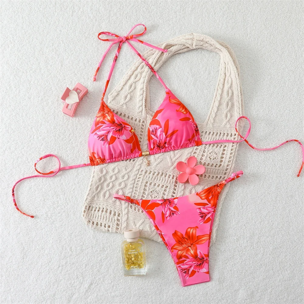 Sexy Triangle String Printed Bikini Fashion Floral Swimsuit Women 2 Piece Halter Backless Bathing Swimming Suit Swimwear Outfits