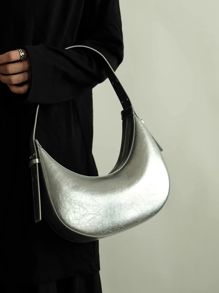 Silver Fashion Retro Tote Bag Genuine Leather Women Moon Bag\\Handbag Real Leather Female Shoulder Underarm Bag New