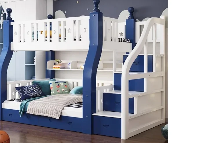 Double bunk beds, bunk beds, small-sized beds, all-solid wood combined dislocation mother bed for children.