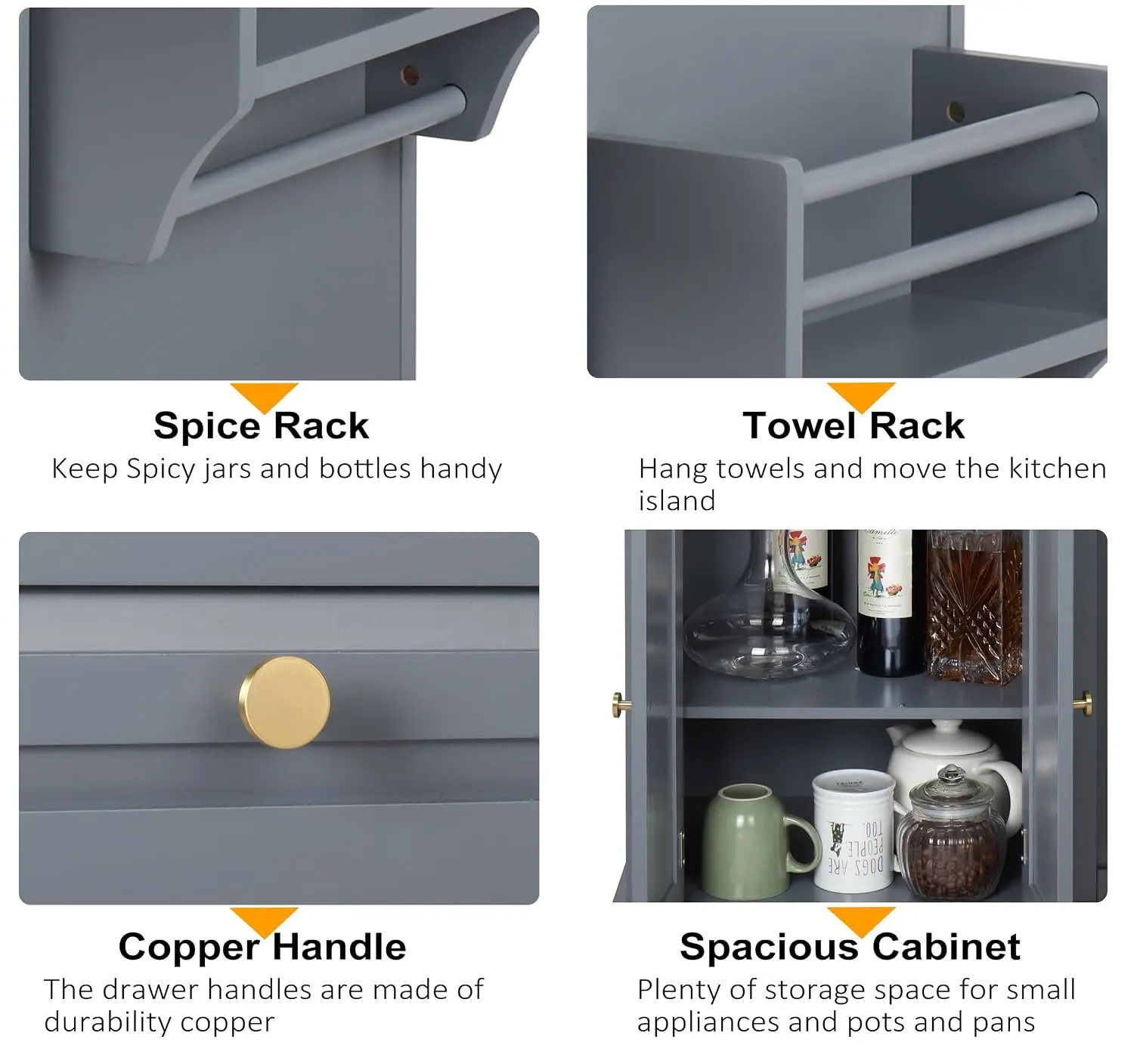 Kitchen Island Cart with , Rubberwood Top, Spice Rack, Drawer, Cabinet, 43.3