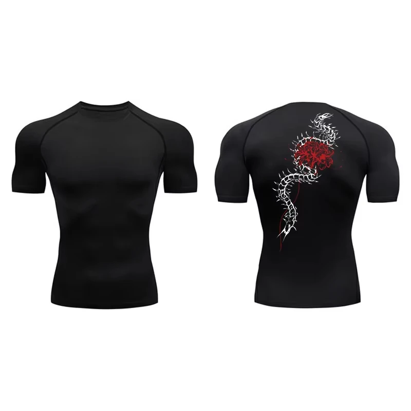 Blossom Print Short Sleeve Compression for Men Summer Athletic Quick Dry T-shirts Gym Workout Running Tees Sporty Tops JW058