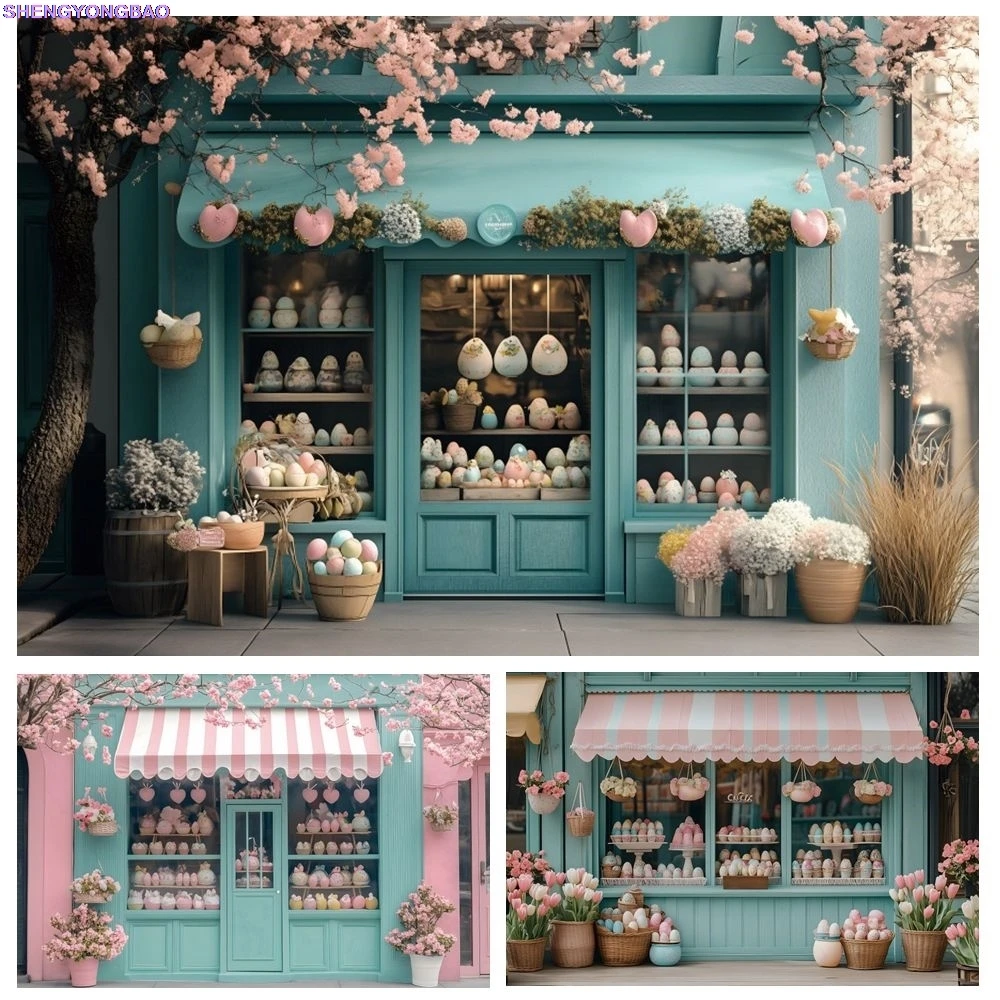 

Spring Easter Shop Backdrop Colorful Eggs Flowers Easter Day Decoration Birthday Party Kids Portrait Photography Background