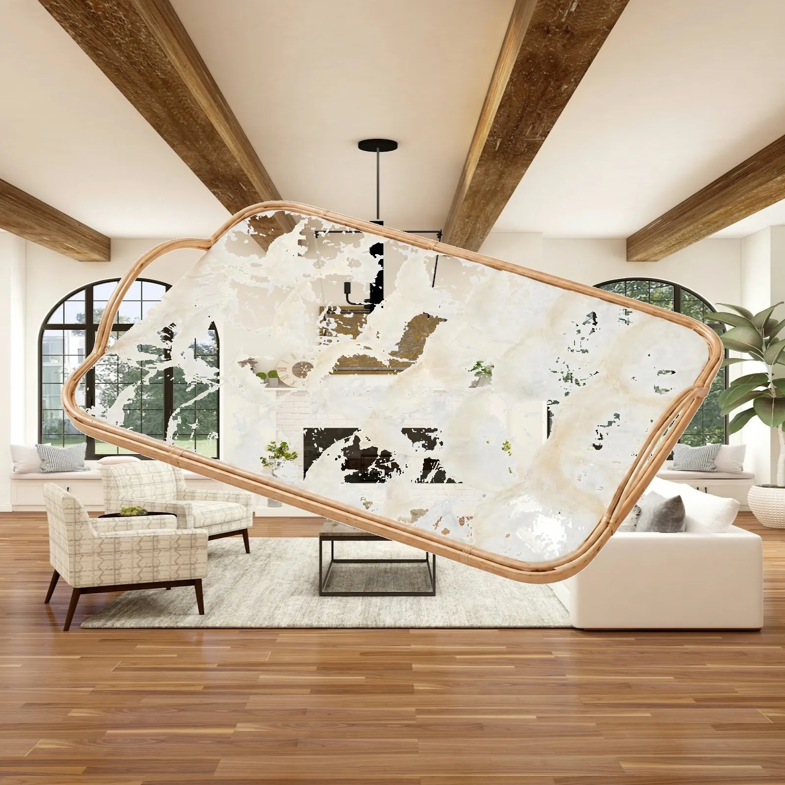 Versatile Rectangular Tray for Serving and Storage with Mother of Pearl Metal Design for Countertop Dining Table Decor