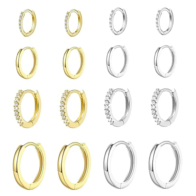 4 pairs of exquisite women's earrings 925 sterling silver hypoallergenic jewelry, women's 6/8/10/12mm, simple fashionable circle