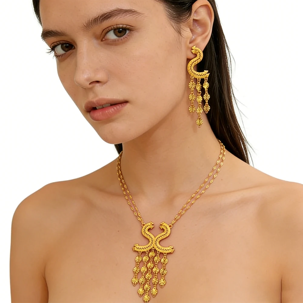 

Dubai Tassel Drop Earring Necklace Jewelry Earring Set Middle East Necklace Jewelry African Gold Color Necklace Set Party Gift