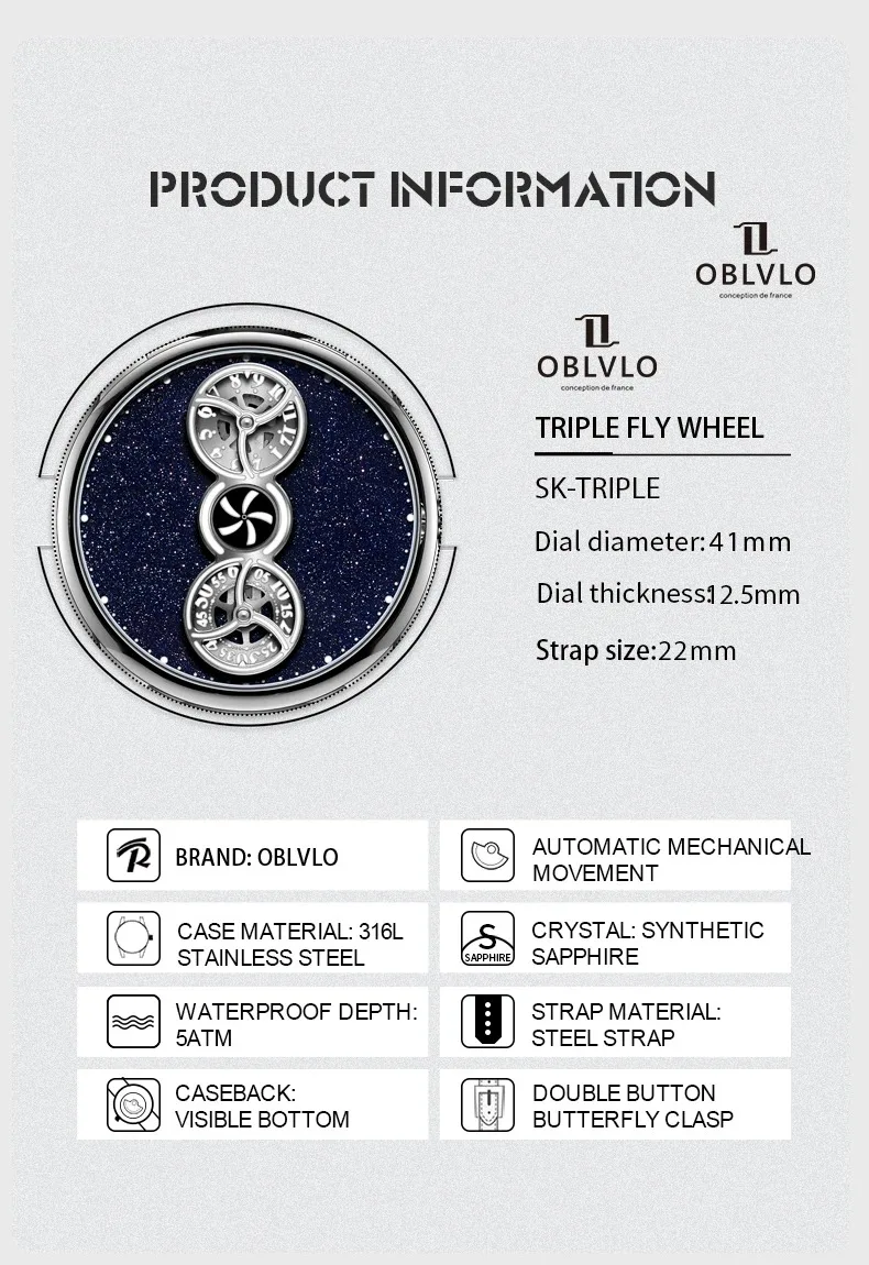 OBLVLO Men Automatic Watch 41MM Luxury Fashion Mechanical Wristwatch Luminous 50M Waterproof Sapphire Unique Concept Dial