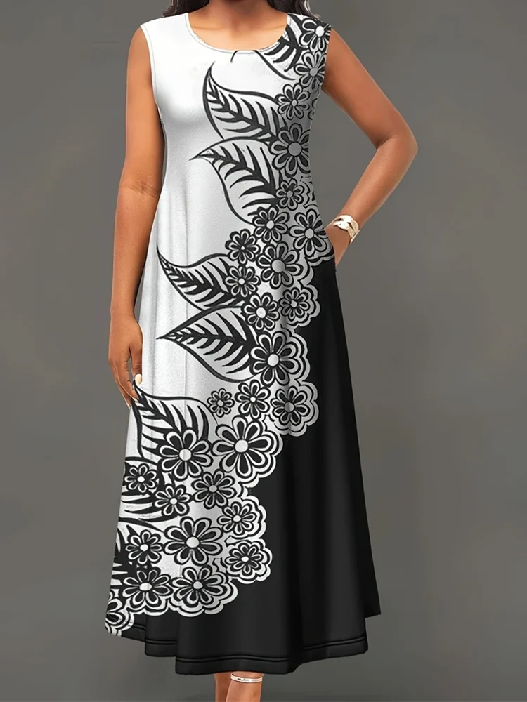 Robe à imprimé floral pour femmes, grande taille, précieux, décontracté, col rond, fibre, vêtements d\'été, 2024