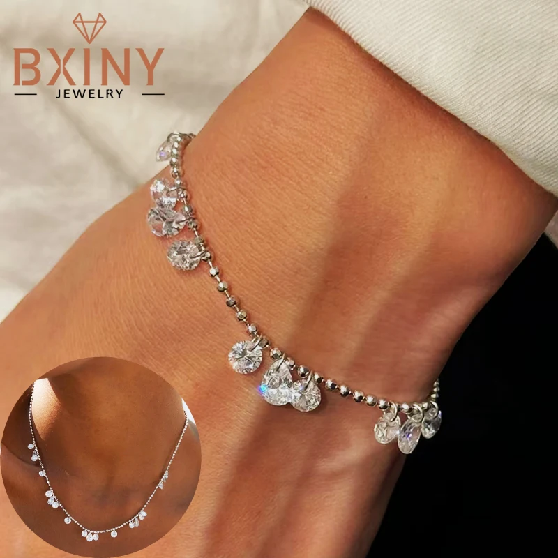

BXINY 100% серебро S925 с высокоуглеродистыми бриллиантами, браслеты из бисера, ожерелье, сверкающий циркон, ручная цепочка для женщин, вечерние ювелирные изделия, подарок