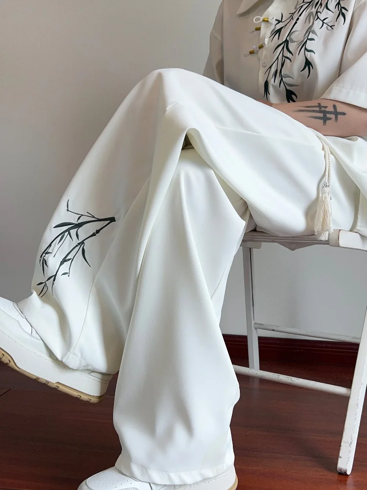 

Мужские летние тонкие брюки из ледяного шелка, прямые, широкие, повседневные, свободные, струящиеся, длинные, в новом китайском стиле, прямые брюки-трубы