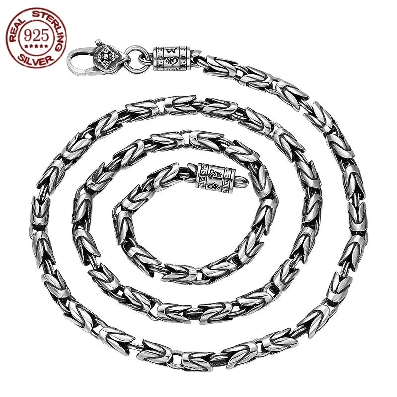 New Fashion 100% Pure S925 Silver Jewelry Retro 6MM Thick Six-Character Mantra Trendy Personality Man Necklaces