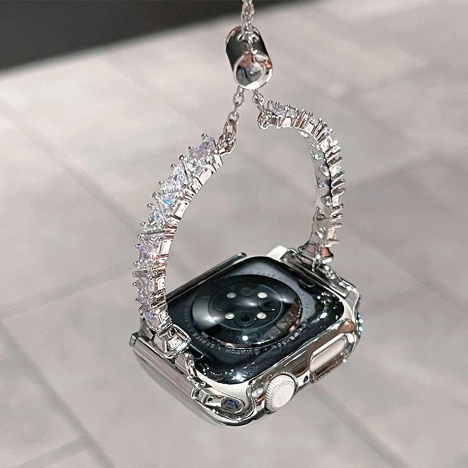 สายนาฬิกาสำหรับ Apple Watch Band S11/10/9/8/7/SE/5/4/Ultra 3 IWatch 49/46/45/44/42/41/40/38 มม. สายรัดข้อมือเพชรทรงสามเหลี่ยมหรูหราประดับเพชรซิร์คอน