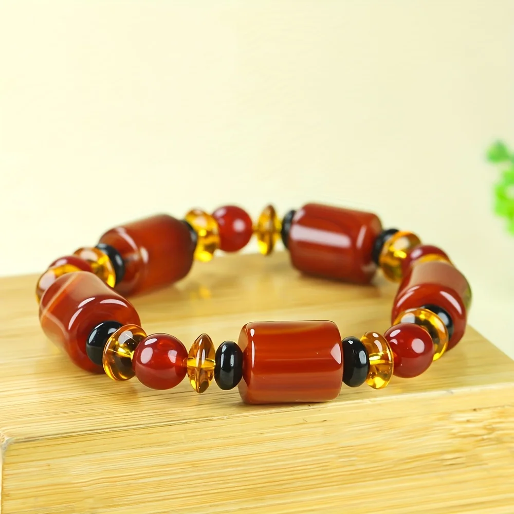 Fashion retro Warring States red agate bracelet, large bucket beads, men's and women's models, holiday gifts.