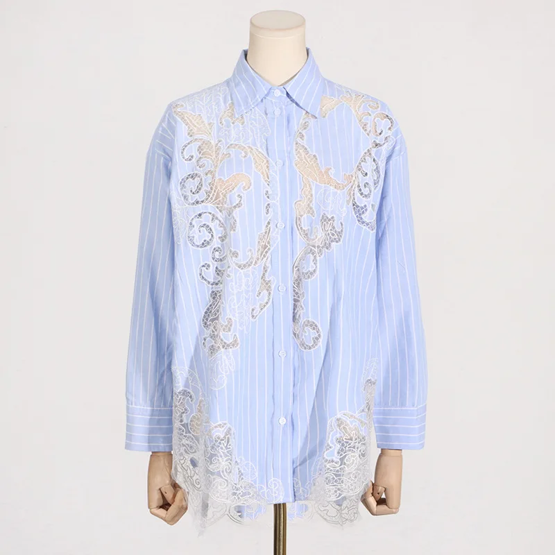 Blue Pinstripe Lace Women Shirt Hollowed Out Patchwork Design Loose Long Sleeves Formal Office Lady Work Wear  Jacket